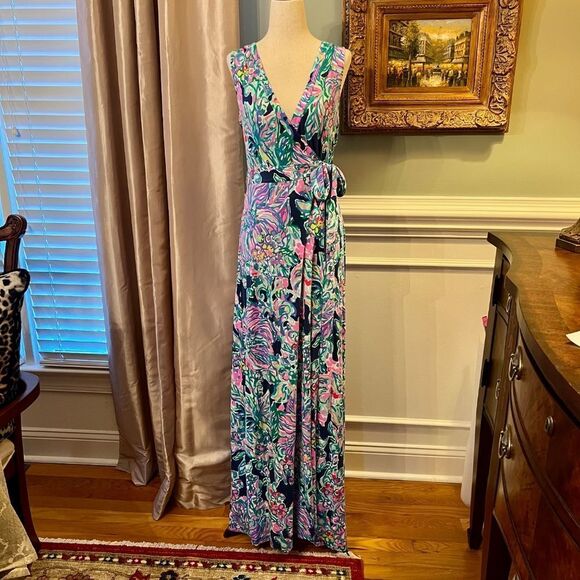 EUC Lilly Pulitzer Delfina Sleeveless Jersey Maxi Dress Exotic Escapade Sz SMALL - Picture 4 of 5
